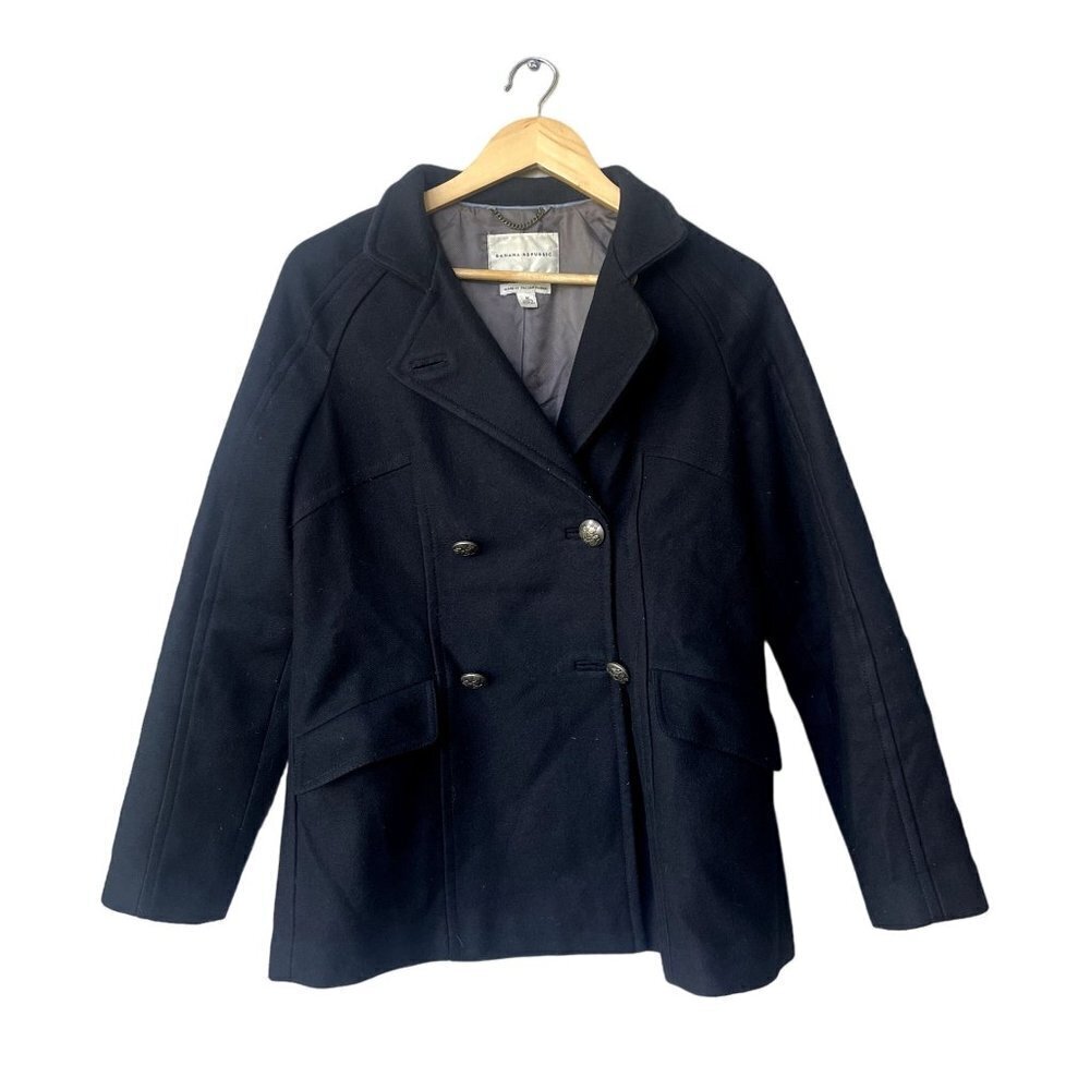 Banana Republic Coat Womens Size M Peacoat‎ Wool Double Breasted Collar Black
